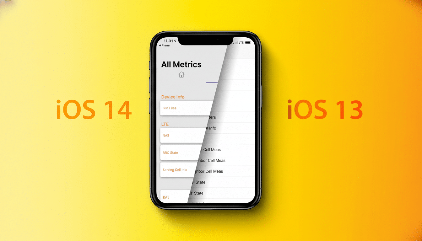 An iPhone displaying All Metrics  with iOS 1 4 and  iOS 13  text on a yellow background, resized to a 16: 9 aspect ratio.