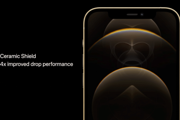 Close -up of a gold iPhone' s screen , showcasing the Ceramic Shield feature and 4x improved drop performance text on a black background.