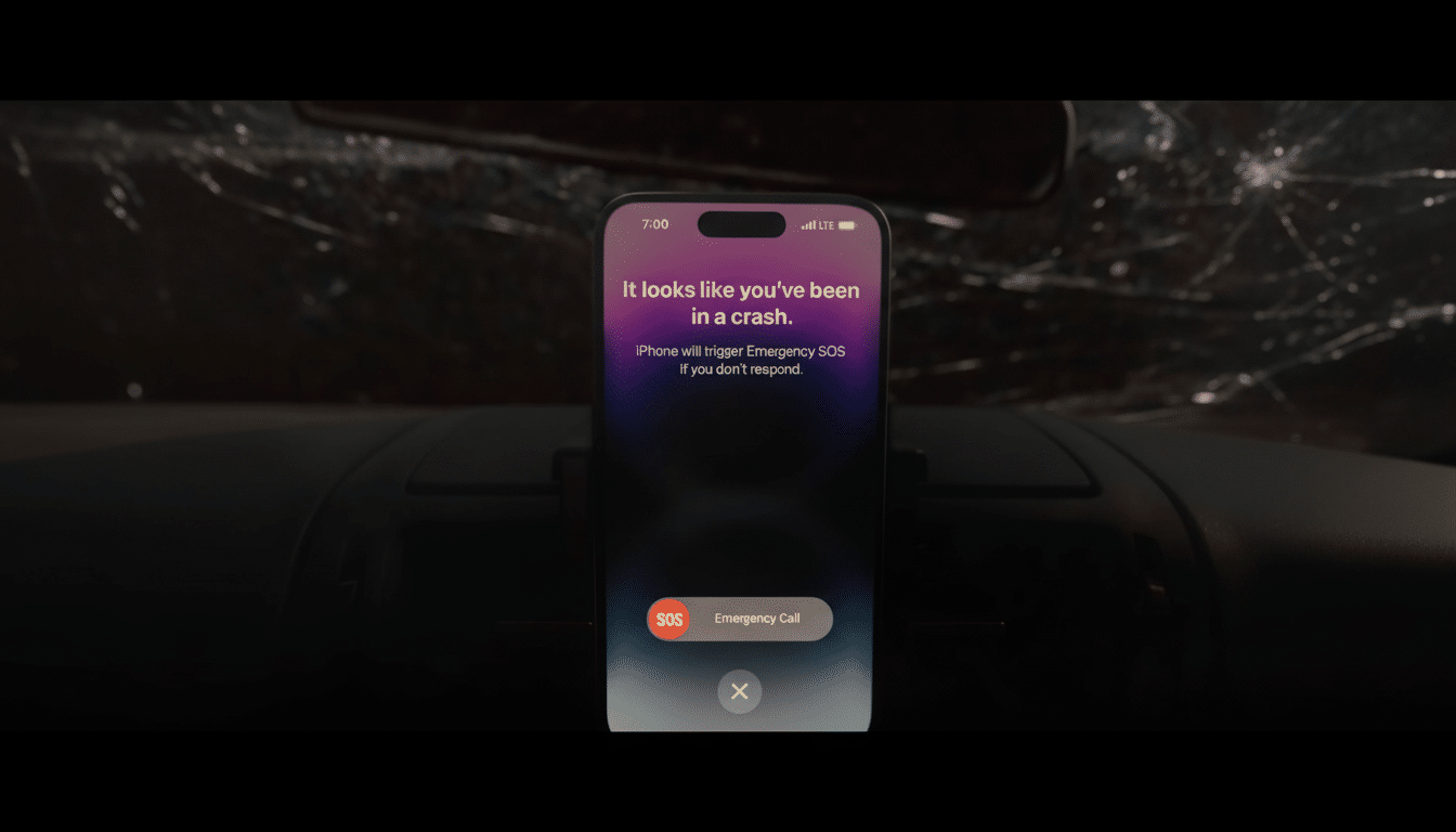 An iPhone displaying a crash detection alert, offering to trigger Emergency SOS or make an emergency call , set against a dark, implied car interior with a shattered windshield in the background.