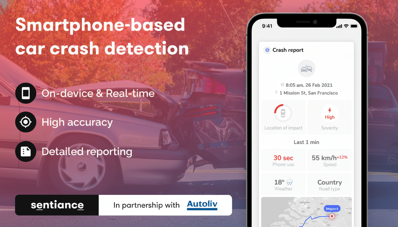 A promotional image for a smartphone-based car crash detection system , showing two crashed cars in the background and a smartphone displaying a crash report on the right. The text highlights features like  On-device & Real-time, High accuracy, and Detailed reporting . The bottom includes logos for sent iance and  Autoliv.