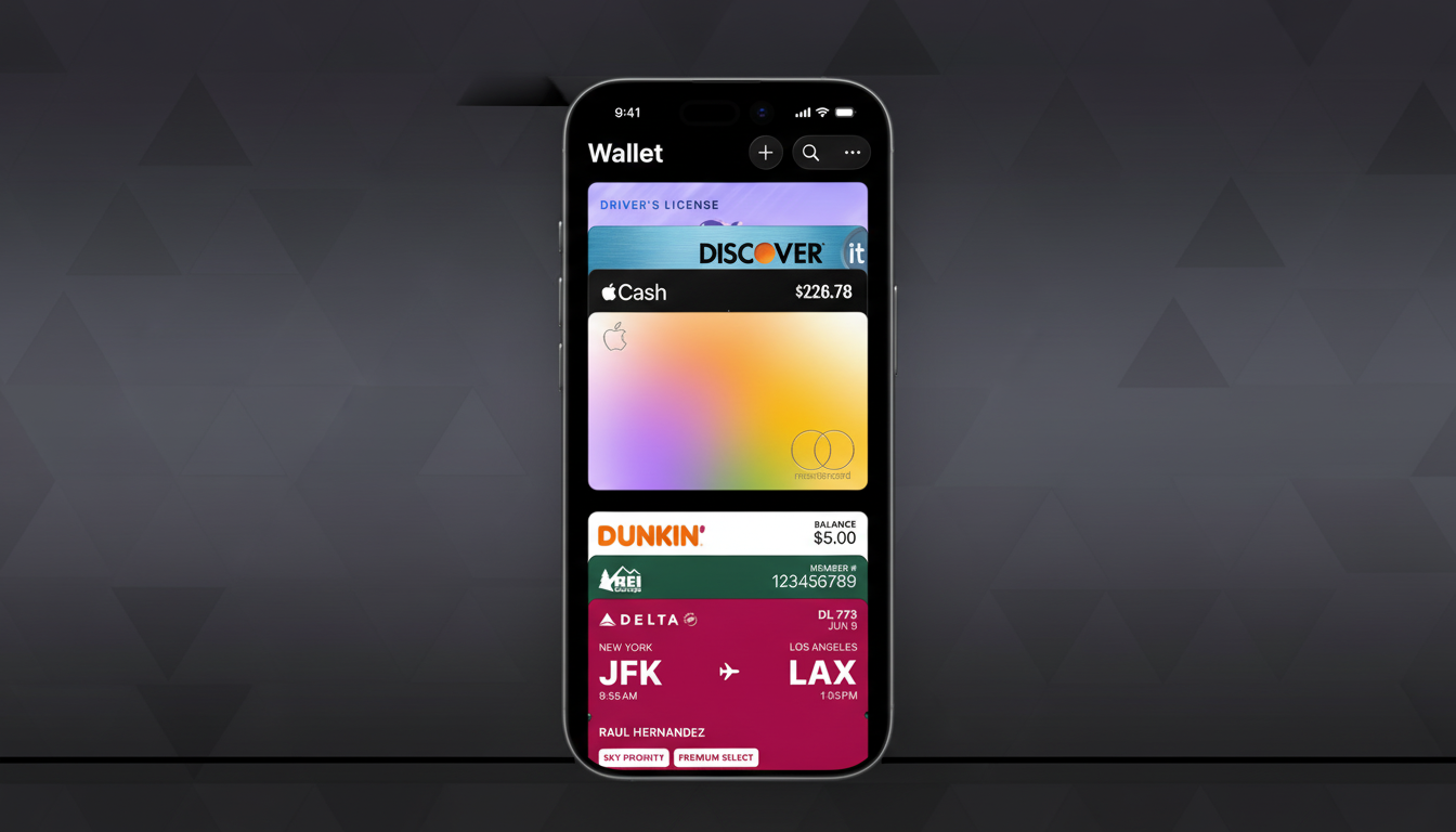 An iPhone displaying the Apple Wallet app with various cards, including a drivers license, Discover card, Apple Cash card, Dunkin loyalty card, REI Co-op membership, and a Delta flight boarding pass, set against a professional flat design background with soft patterns.