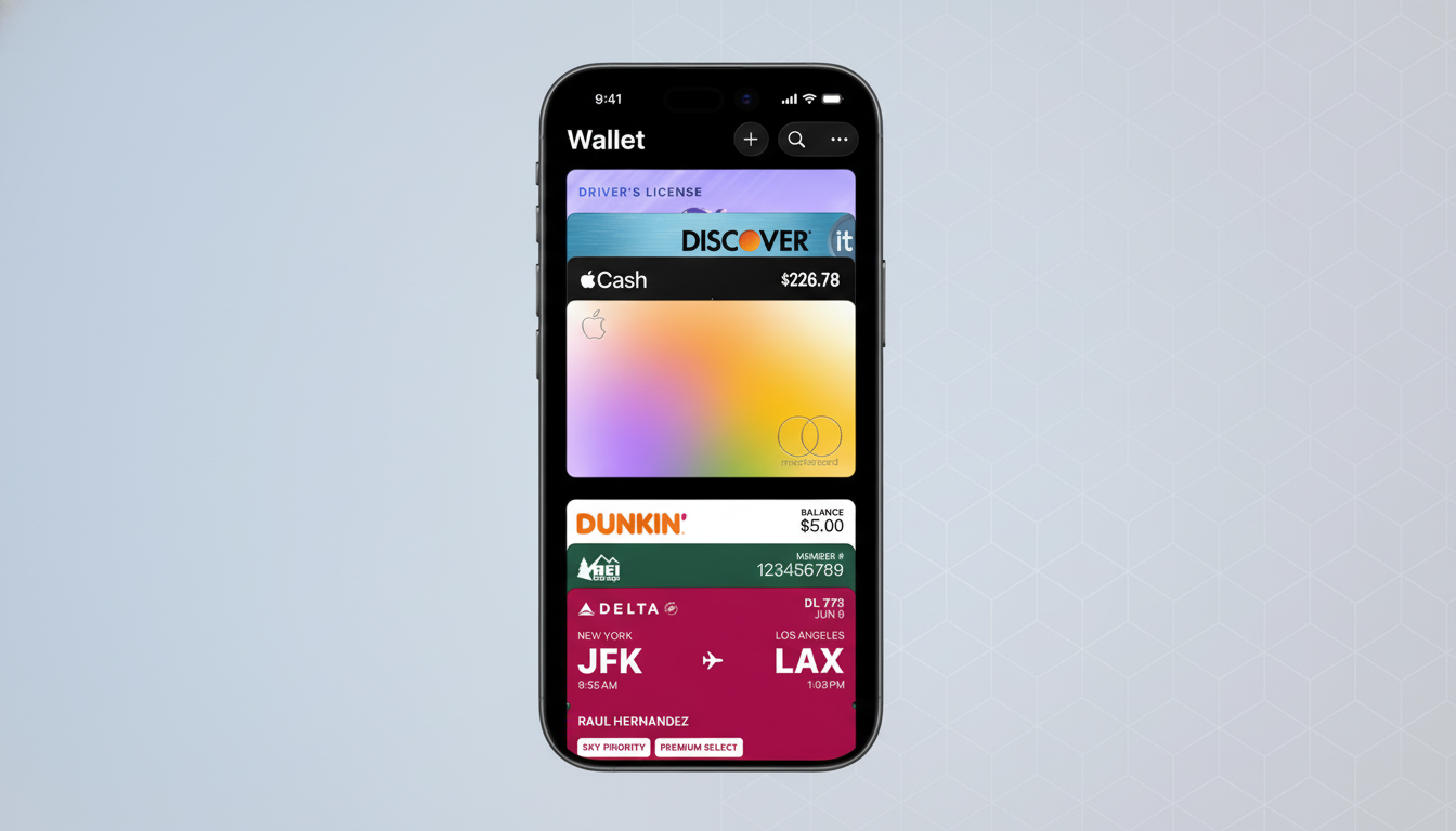 An iPhone displaying the Apple Wallet app with various cards, including a drivers license, Discover card, Apple Cash, a colorful Apple Card, Dunkin loyalty card, REI Co-op membership, and a Delta flight pass from JFK to LAX. The phone is centered on a professional flat design background with soft patterns.