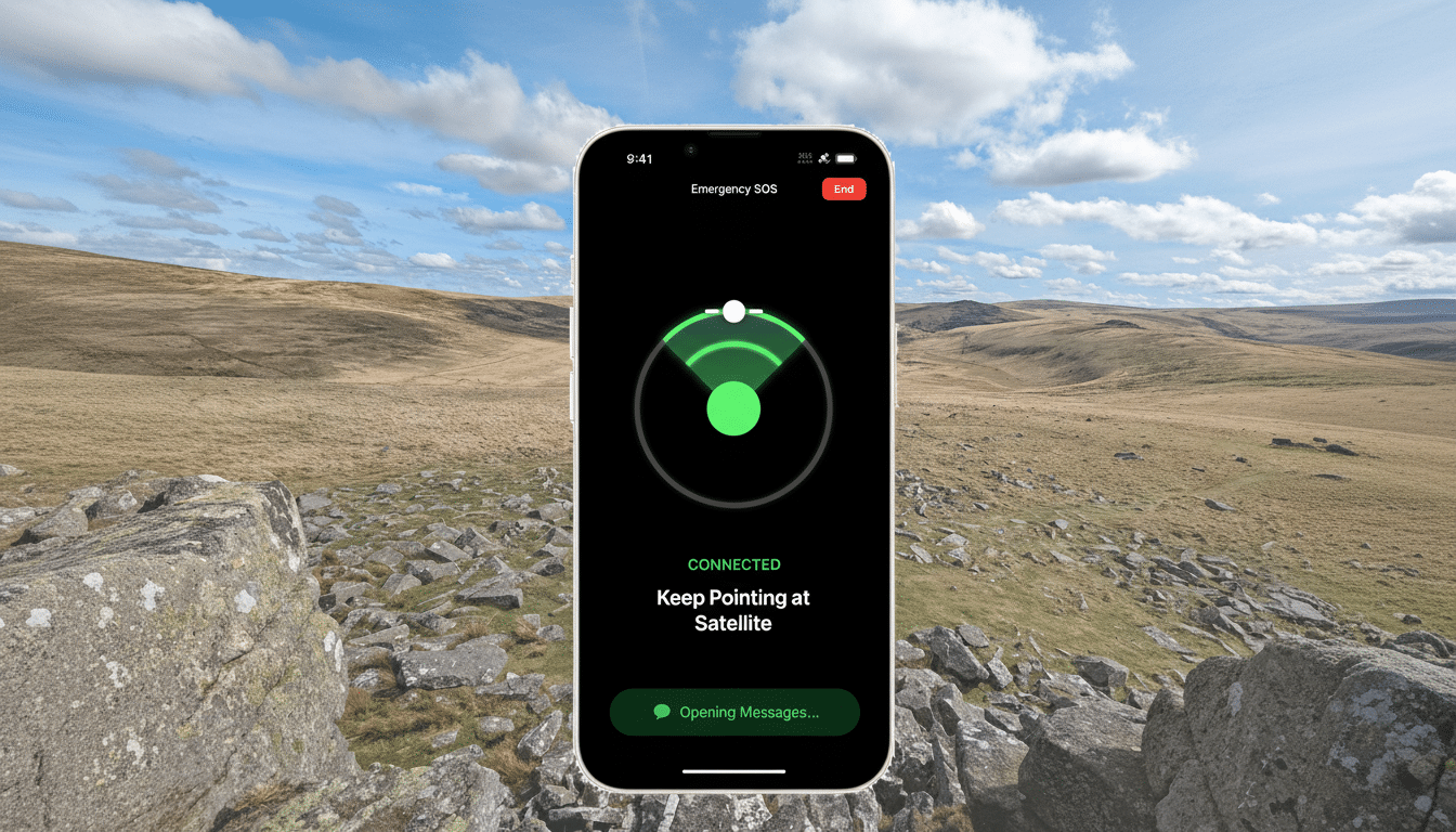 A white iPhone displaying an Emergency SOS satellite connection screen, with a green dot and signal arcs, set against a rugged, grassy landscape under