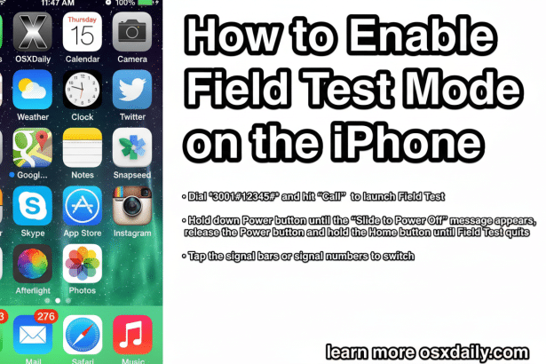 A screenshot of an iPhone home screen next to instructions on how to enable Field Test Mode.