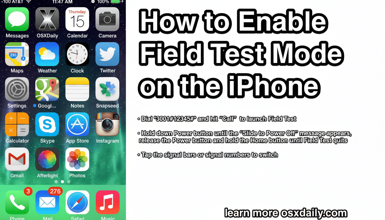 A screenshot of an iPhone home screen next to instructions on how to enable Field Test Mode.