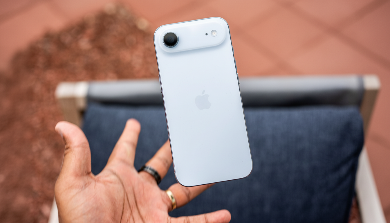 A hand holding a light blue iPhone against a blurred outdoor background of a terracotta- colored surface and a blue cushion .