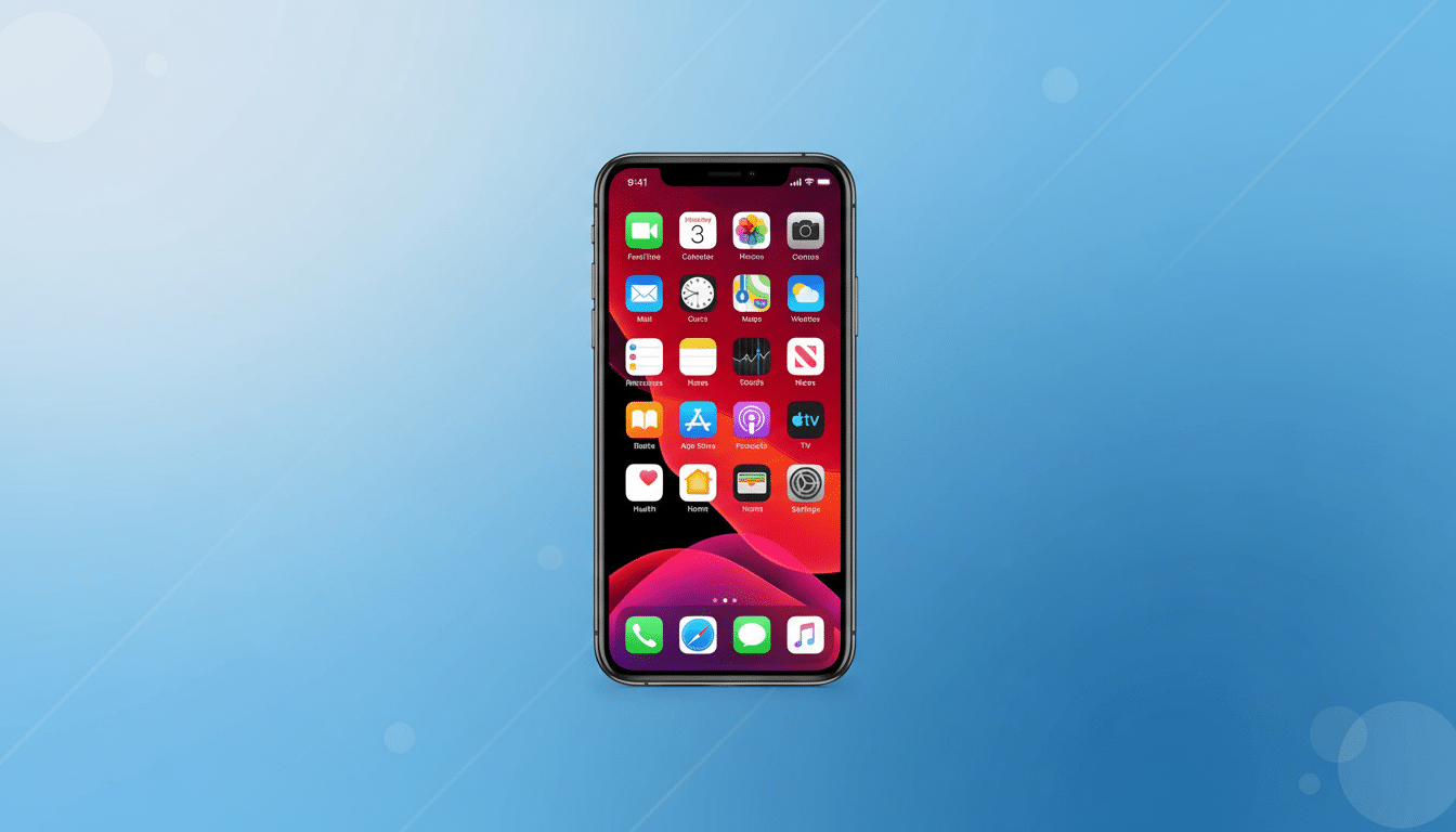 An iPhone displaying its home screen with various app icons, set against a professional blue and white gradient background with subtle abstract patterns. Filename : iphone homescreen professional background .png