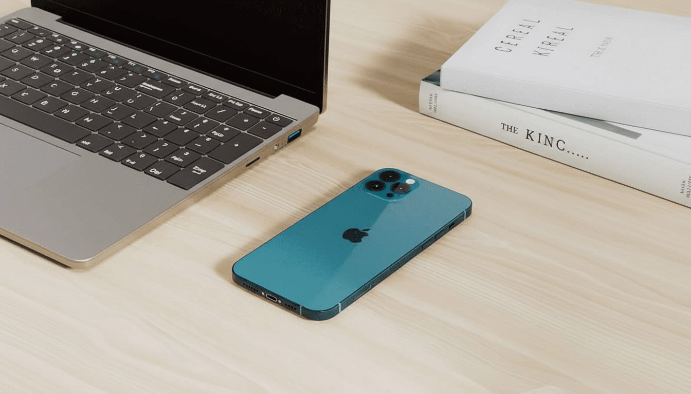 A professional overhead shot of a blue iPhone and a laptop on a wooden desk , with two white books stacked in the background.