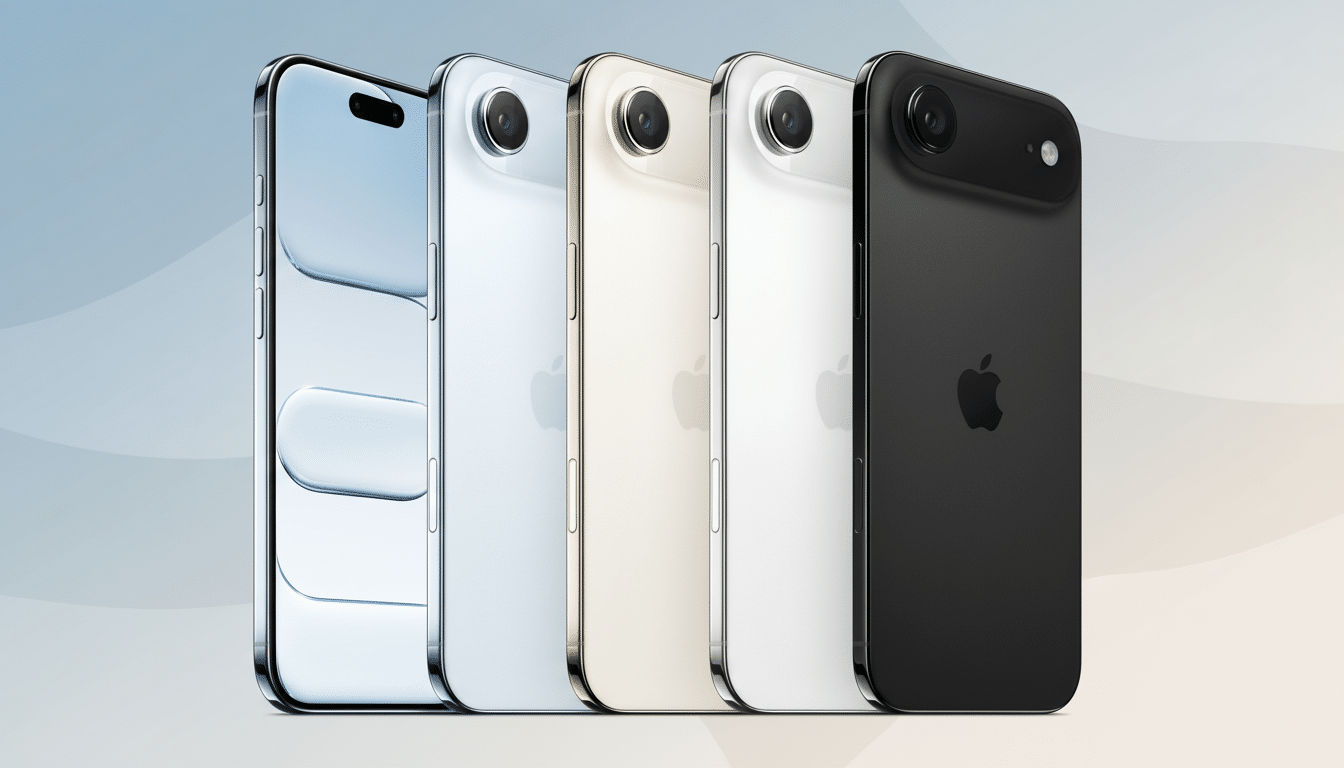 Five iPhones in various colors ( blue, silver, gold, white, and black) are arranged in a row, with the black iPhone having a unique camera design. The