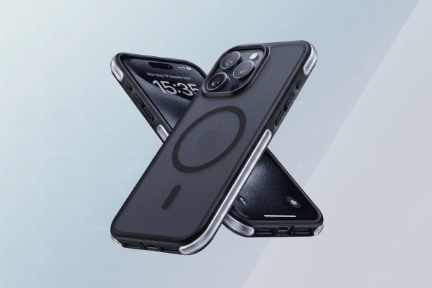Two iPhones, one face up and one face down, with a transparent black case featuring a MagSafe ring, presented on a subtle geometric pattern background. Filename : iphonem agsafecase professional .png