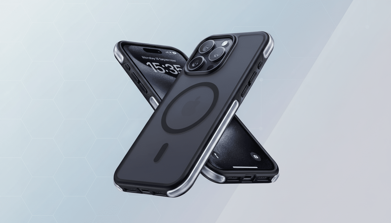 Two iPhones, one face up and one face down, with a transparent black case featuring a MagSafe ring, presented on a subtle geometric pattern background. Filename : iphonem agsafecase professional .png