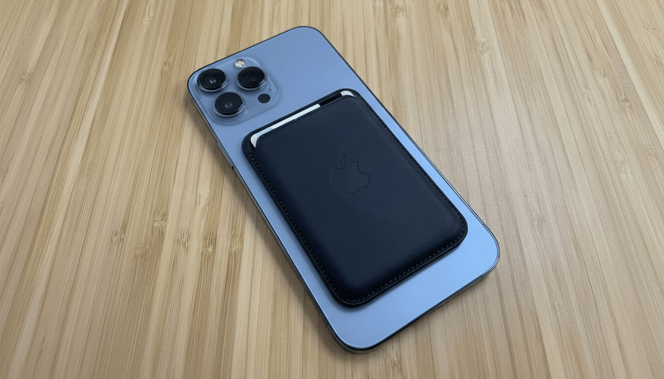 An iPhone with a MagSafe wallet attached, placed on a wooden surface.
