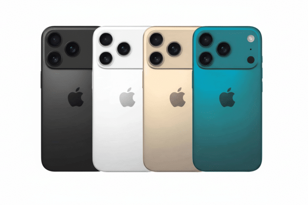 Four iPhone models in black, white, gold, and teal colors, presented professionally on a white background.