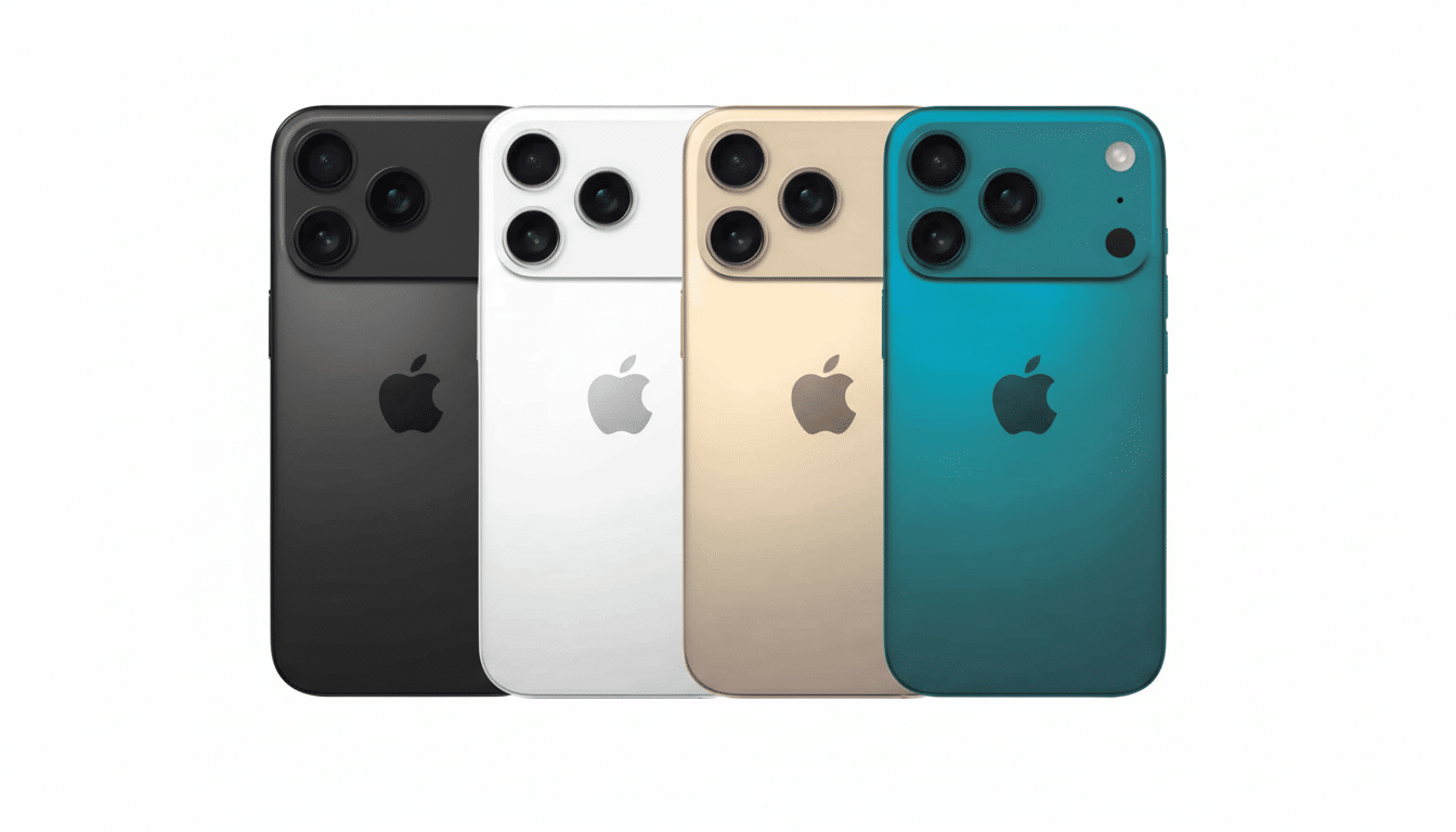 Four iPhone models in black, white, gold, and teal colors, presented professionally on a white background.