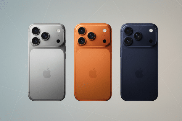 Three iPhone models in silver , orange, and blue, presented against a professional flat design background with soft geometric patterns and gradients. Filename : iphonemodels professionaldisplay .png