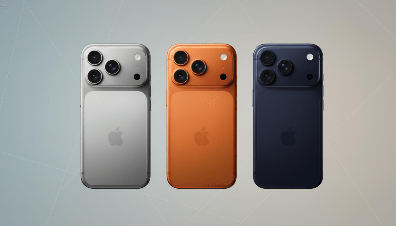 Three iPhone models in silver , orange, and blue, presented against a professional flat design background with soft geometric patterns and gradients. Filename : iphonemodels professionaldisplay .png