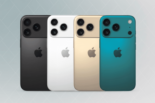 Four iPhone models in black, white, gold, and teal with a professional flat design background .