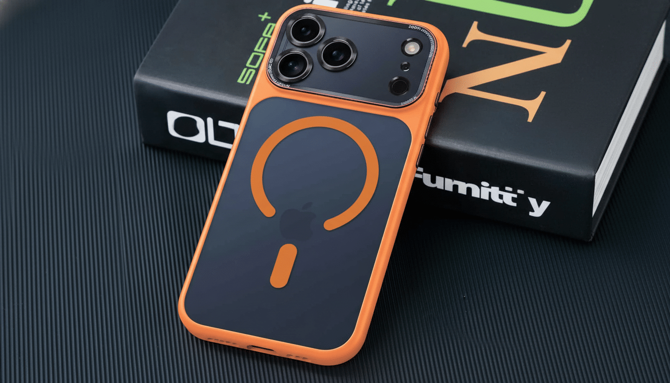 An iPhone in an orange and dark blue magnetic case , featuring a prominent magnetic ring and a partial Apple logo visible through the dark blue section , lying on a dark, textured surface with books in the background.
