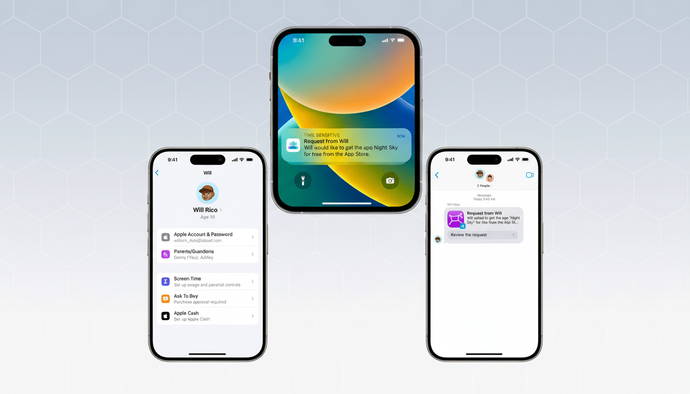 Three iPhones displaying various screens related to parental controls and app requests . The central phone shows a lock screen notification for a Night Sky app request . The left phone displays a settings menu for Will Rico, Age 10 with options like Apple Account & Password , Parents/Guard ians, Screen Time , Ask To Buy , and Apple Cash . The right phone shows a messages screen with a Review the request prompt for the same app .
