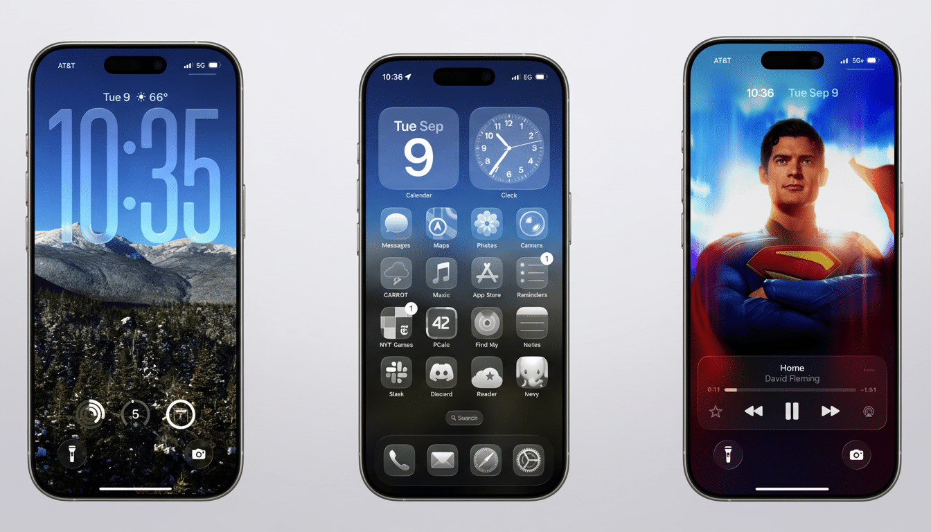 A professional 16: 9 aspect ratio image showing three iPhone screens. The left screen shows a snowy mountain and forest wallpaper, with the time 10: 3