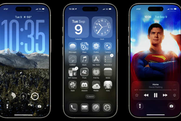A professional depiction of three iPhone screens . The left screen shows a mountain landscape with the time 10 :35. The middle screen displays app icons and widgets for date and time . The right screen features Superman with a music player widget .