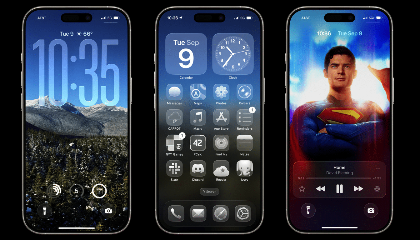 A professional depiction of three iPhone screens . The left screen shows a mountain landscape with the time 10 :35. The middle screen displays app icons and widgets for date and time . The right screen features Superman with a music player widget .