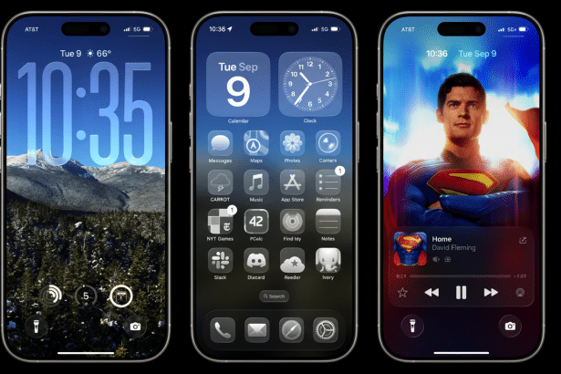 A professional enhancement of three iPhone screens, maintaining the original backgrounds. The left screen shows a snowy mountain landscape, the middle displays various app icons, and the right features a vibrant image of Superman. The overall aspect ratio has been adjusted to 16:9 .