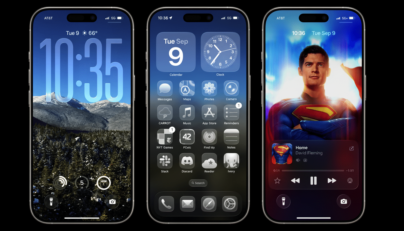 A professional enhancement of three iPhone screens, maintaining the original backgrounds. The left screen shows a snowy mountain landscape, the middle displays various app icons, and the right features a vibrant image of Superman. The overall aspect ratio has been adjusted to 16:9 .