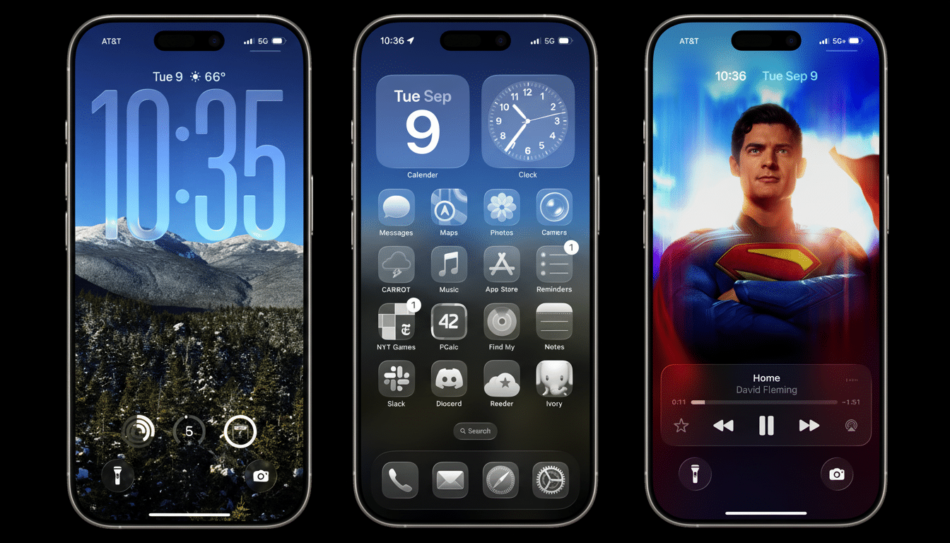 Three iPhones displaying different screens: a lock screen with a mountain background, a home screen with app icons, and a lock screen with Superman as