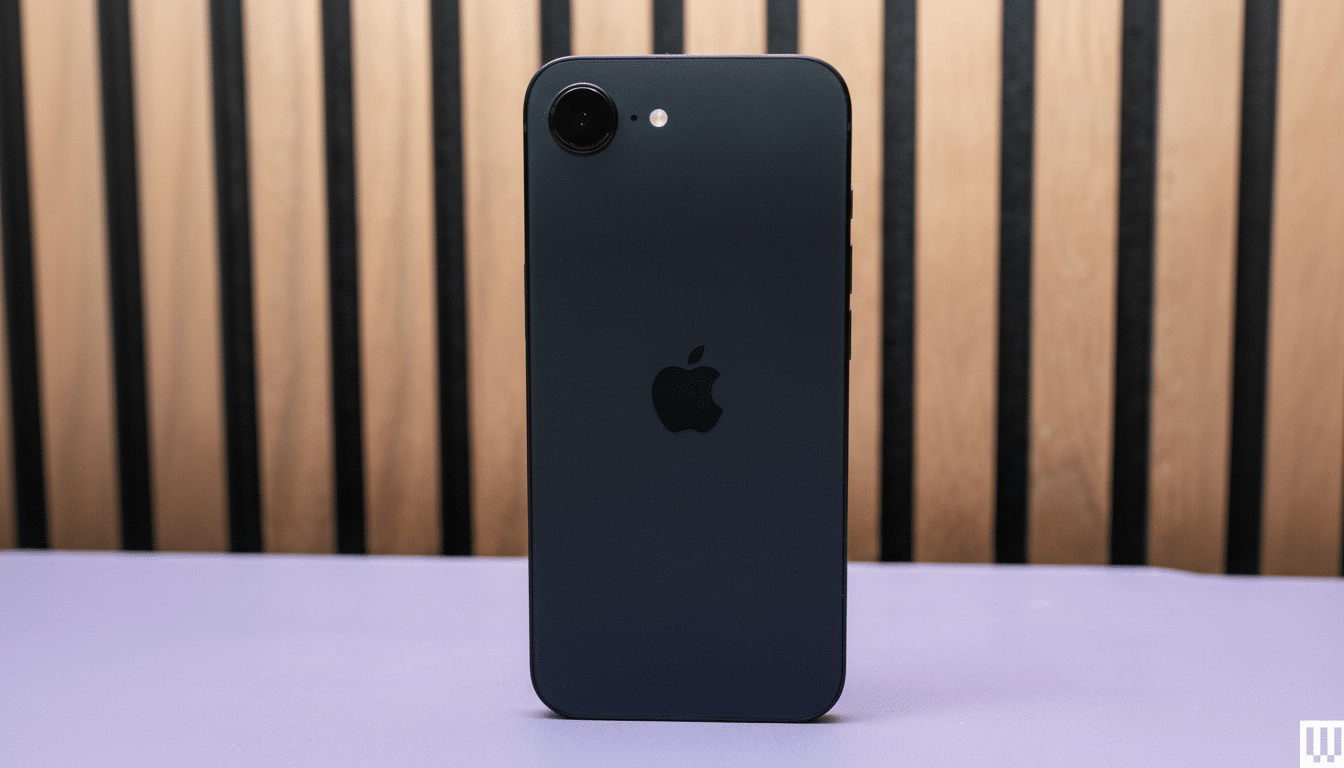 A black iPhone SE ( 3 rd generation) is shown from the back, centered on a light purple surface with a wooden sl atted background. The Apple logo is v