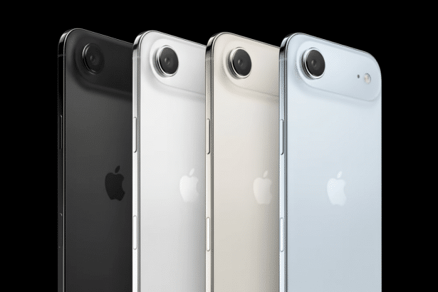 A professional shot of four iPhone SE models lined up in black, white, gold, and light blue, showcasing their backs and camera lenses on a solid black