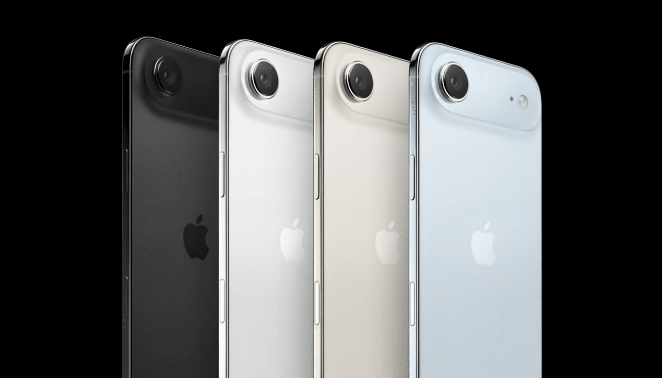 A professional shot of four iPhone SE models lined up in black, white, gold, and light blue, showcasing their backs and camera lenses on a solid black