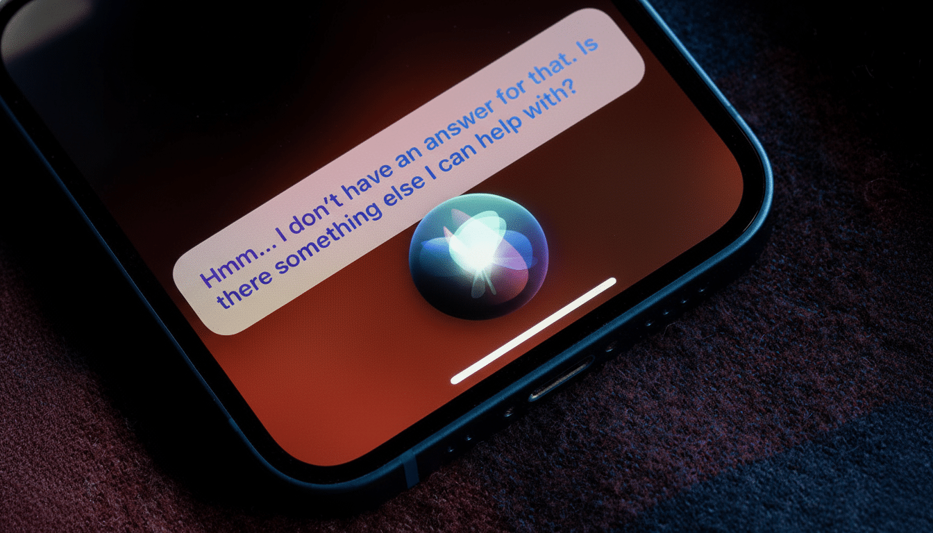 A close-up of an iPhone screen displaying the Siri interface with the message Hmm... I don't have an answer for that . Is there something else I can help with? and the glowing Siri orb .