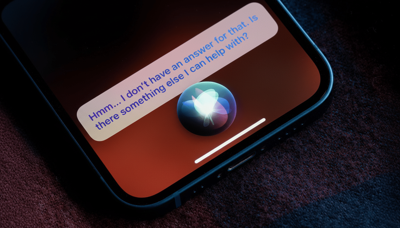 A close -up shot of an iPhone screen displaying Siri's interface . Siri says, Hmm ... I don't have an answer for that. Is there something else I can help with?. The Siri orb glows in the center. The phone rests on a dark , textured surface .