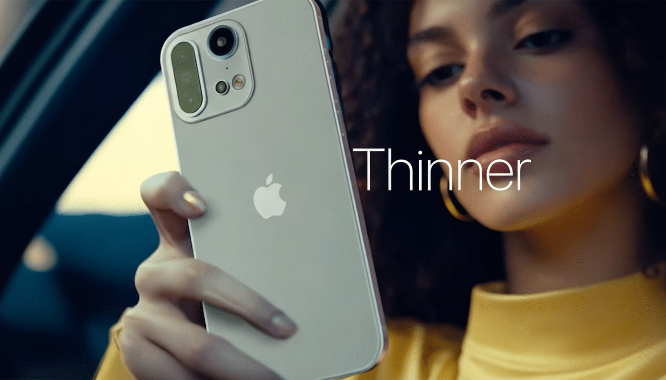 A woman in a yellow top holding an iPhone with a triple - camera system, with the word Th inner superimposed on the image .