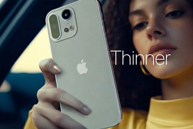 A woman in a yellow top holding a light - colored iPhone with the word Th inner in white text on the screen.