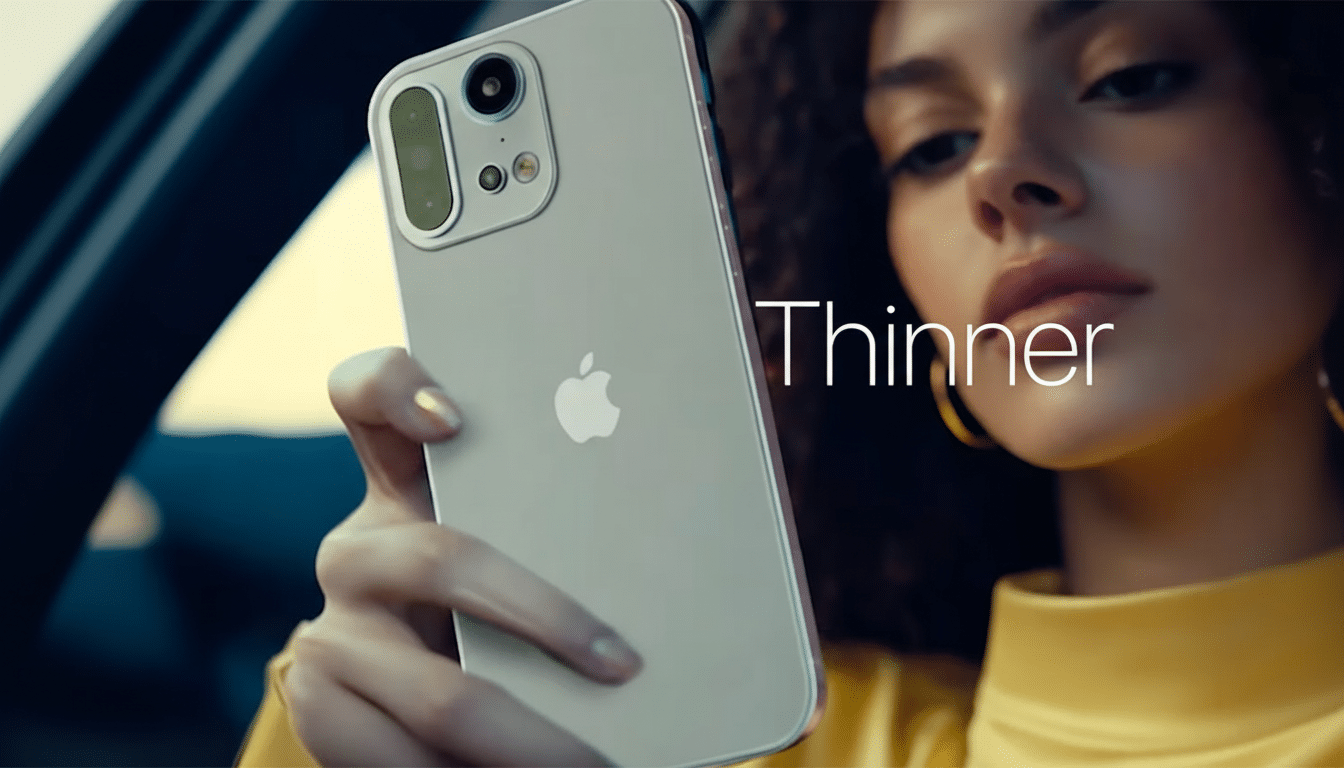 A woman in a yellow top holding a light - colored iPhone with the word Th inner in white text on the screen.