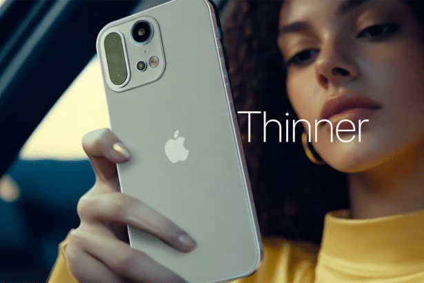 A woman in a yellow top holding an iPhone with the word Th inner displayed on the screen. Filename : iphoneth inneradvert isement.png