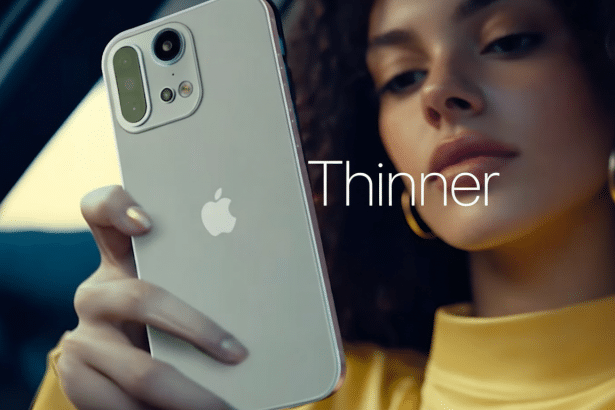 A woman in a yellow top holding an iPhone with the word Thinner written on the screen .