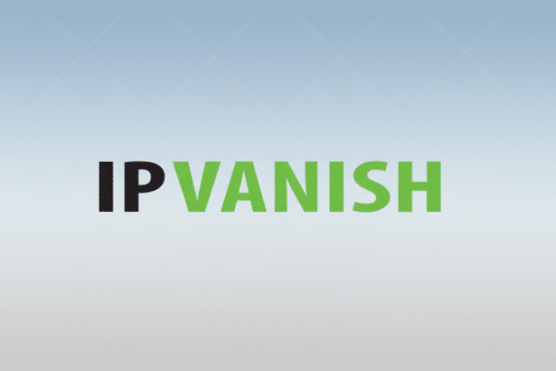 The IPVanish logo, with IP in black and VANISH in green, centered on a soft grey- blue gradient background with subtle geometric patterns, resized to