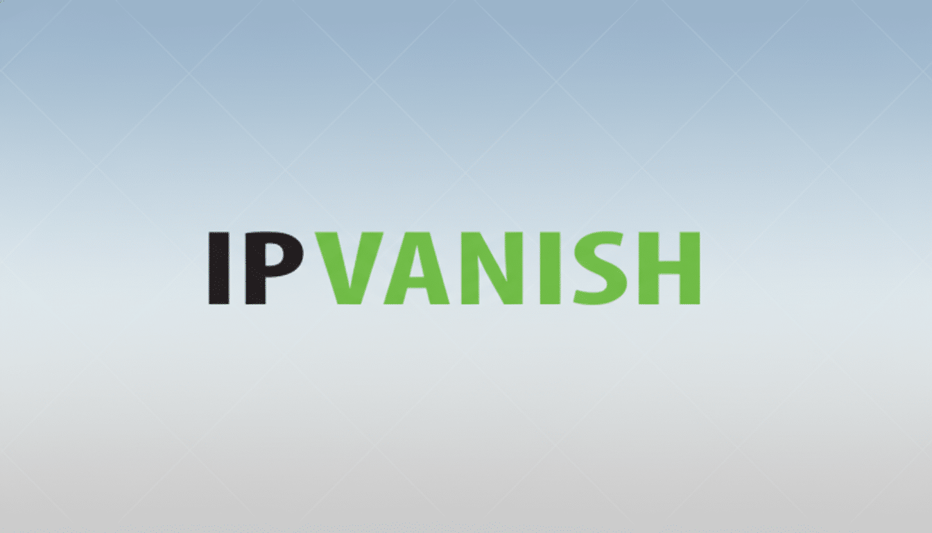 The IPVanish logo, with IP in black and VANISH in green, centered on a soft grey- blue gradient background with subtle geometric patterns, resized to