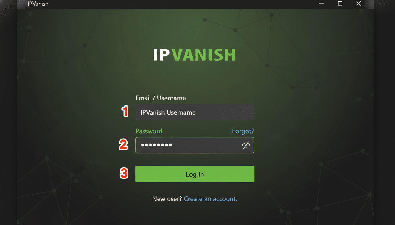 The IPVanish login screen, resized to a 1 6: 9 aspect ratio, showing fields for email/username and password, with a Log In button.