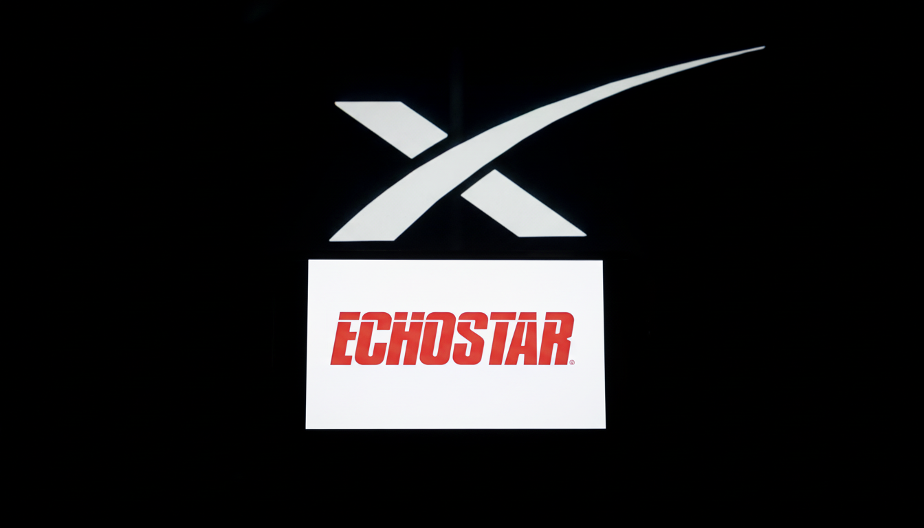The SpaceX logo, a white X with a swoosh, is displayed above the red ECHOSTAR logo on a white background, both set against a dark background.