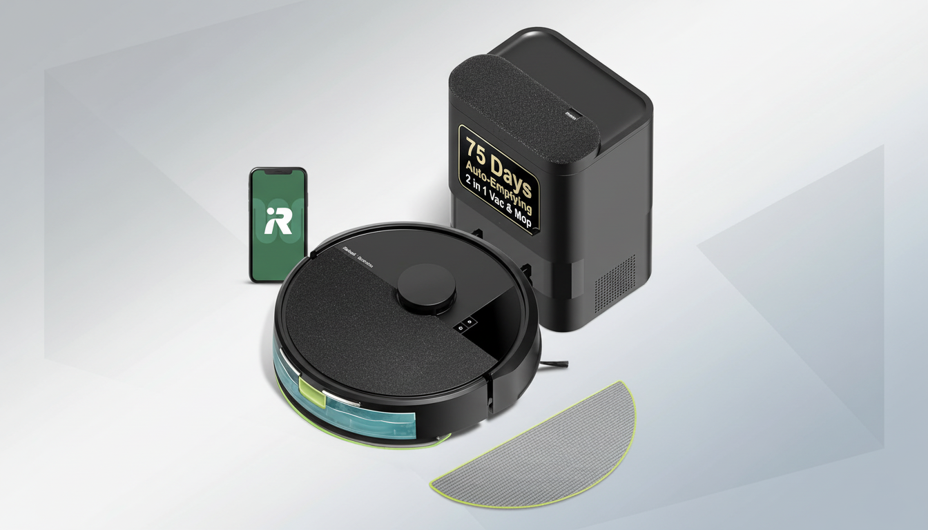 A black robot vacuum cleaner and its charging station, along with a smartphone displaying its app and a mop pad, are professionally presented on a clean, light gray background with subtle gradients.