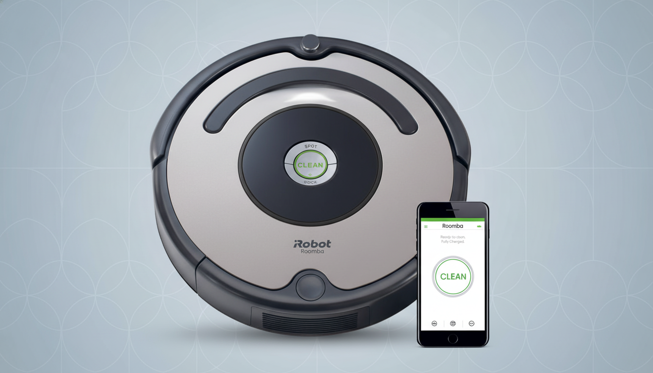 A Roomba robot vacuum cleaner and a smartphone displaying the Roomba app, set against a professional flat design background with soft patterns.
