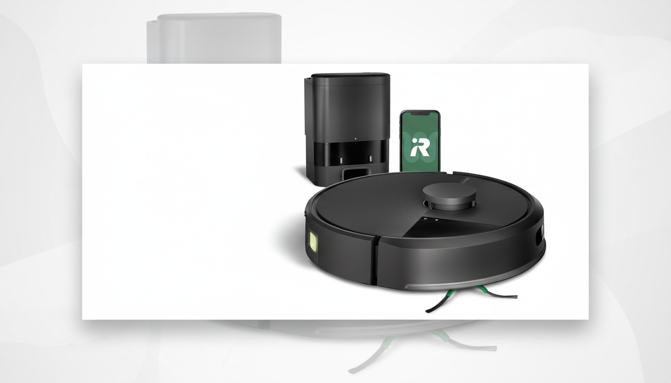 A black robot vacuum cleaner, its charging station, and a smartphone displaying the accompanying app, presented on a professional flat design background with soft patterns.
