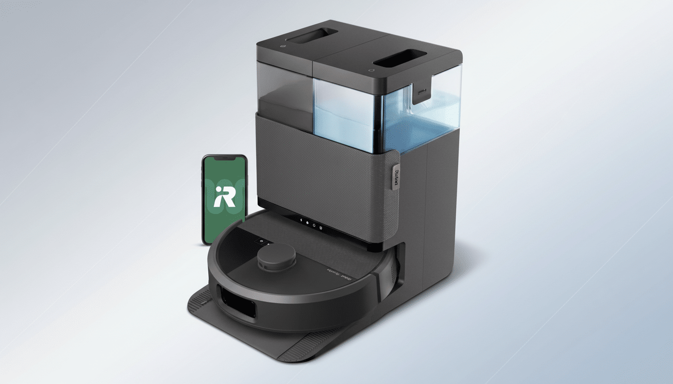 A dark gray robot vacuum and its cleaning station with a full water tank, alongside a smartphone displaying the iRobot app , all on a light gray gradient background. Filename : irobot vacuum station app.png