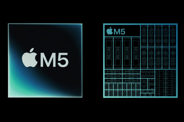 An Apple M5 chip design with the Apple logo and ' M5' text on the left, next to a detailed diagram of the chip' s internal architecture on the right, all presented on a black background.