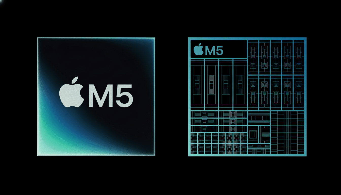 An Apple M5 chip design with the Apple logo and ' M5' text on the left, next to a detailed diagram of the chip' s internal architecture on the right, all presented on a black background.
