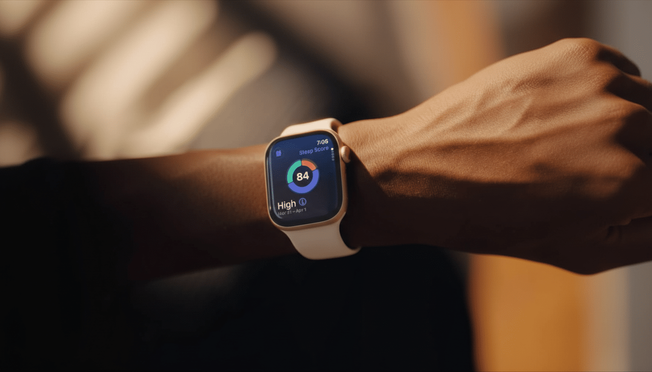 Close -up of a persons wrist wearing an Apple Watch displaying a Sleep Score of 84, indicating High sleep quality.